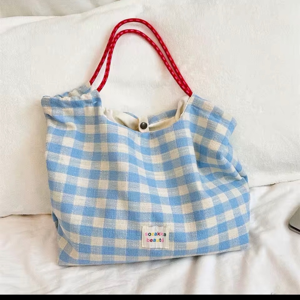 SHEIN Blue and White Checkered Tote Bag